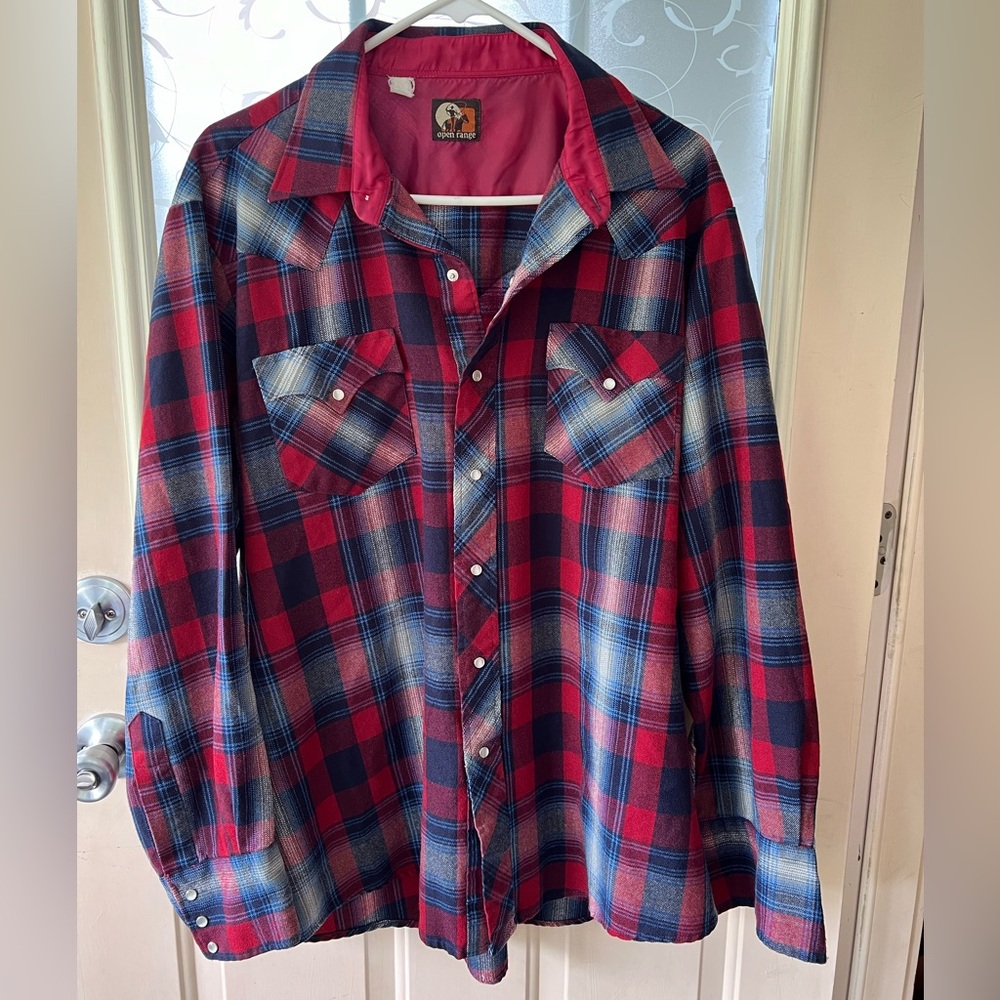 Open Range vintage wool blend pearl snap long sleeve shirt. Red blue plaid.